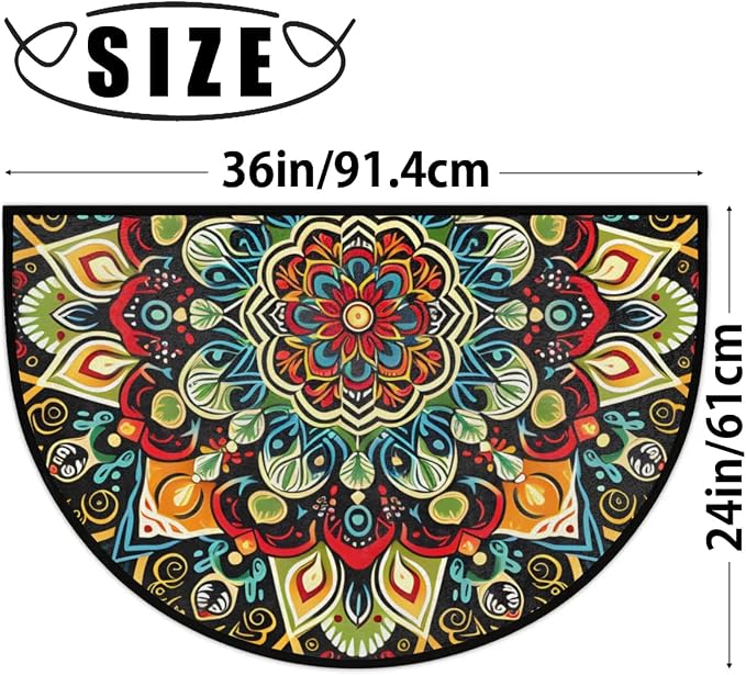 Half Round Door Mat Ethnic Flower Colorful Mandala Non-Slip Semi Circle Area Rug Washable Half Moon Hearth Rugs for Indoor Outdoor Bathroom Kitchen Patio Runner Mat Laundry Room Home Decoration