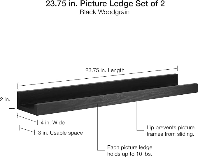 MCS Picture Ledge Shelf, Room Decor Floating Shelf, Black Woodgrain, 23.75 Inch, Set of 2