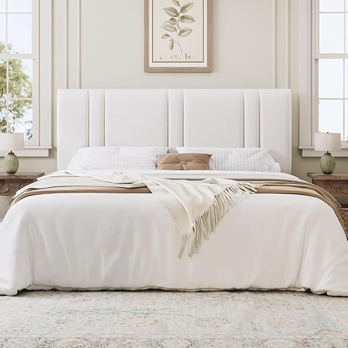 SHA CERLIN California King Bed Frame, Velvet Upholstered Bed with Adjustable Headboard, Vertical Channel Tufted Design, Sturdy Wood Slat Support, No Box Spring Needed, Easy Assembly, White