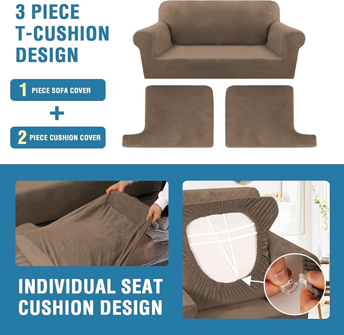 H.VERSAILTEX Sofa Cover 3 Piece T Cushion Sofa Slipcovers Thick Velvet Couch Cover Stretch T Cushion Sofa Covers for 2 Cushion Couch with 2 Individual T Cushion Covers, Mocha