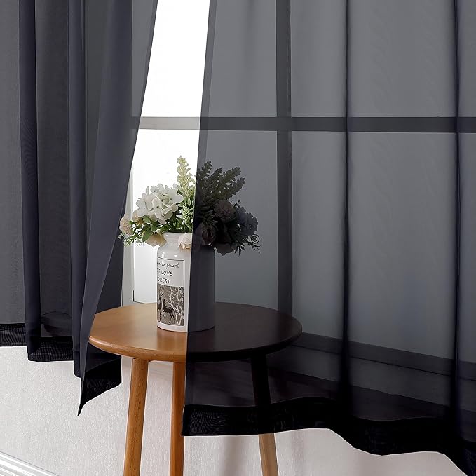 Lecloud Black Sheer Curtains 50 Inch Length 2 Pcs, Light Filtering Bedroom - Image 6