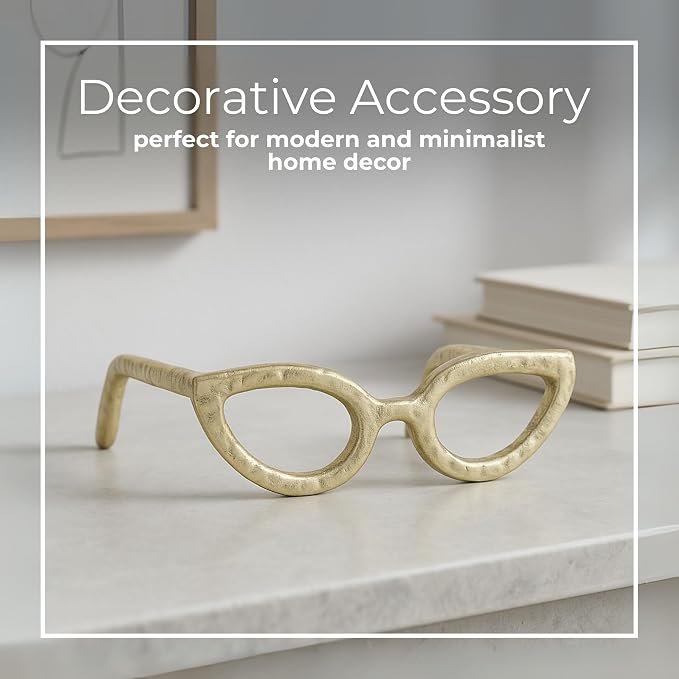 Cateye Glasses Decorative Object – Aluminum Sculpture Modern Home Decor Ornament – Shelf Styling & Coffee Table Decor for Bathroom, Office & Living Room – 7"x3", Gold