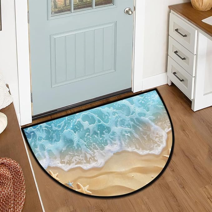 Beach Waves Starfish Half Round Door Mat Non-Slip Semi Circle Rug Washable Half Moon Floor Rug Absorbent Bathroom Area Rugs for Outdoor Indoor Fireplace Mat Entryway Kitchen Decor Rugs