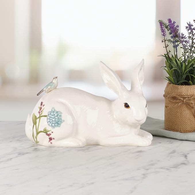 Fitz and Floyd Meadow Rabbit Ceramic Decorative Resting Figurine, 10 Inch