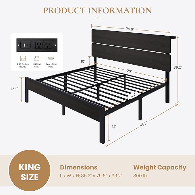 SHA CERLIN King Size Bed Frame, Led Light, Charging Station, Storage Shelf | Wooden Headboard, Heavy Duty Slats Support, Metal Platform Bed, Under Bed Storage, No Box Spring Needed, Noise Free, Black