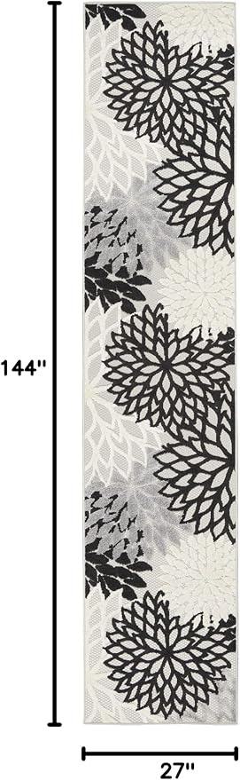 Nourison Home Aloha Indoor/Outdoor Black White 2'3" x 12' Area Rug, Tropical, Botanical, Easy Cleaning, Non Shedding, Bed Room, Living Room, Dining Room, Deck, Backyard, Patio (2x12)
