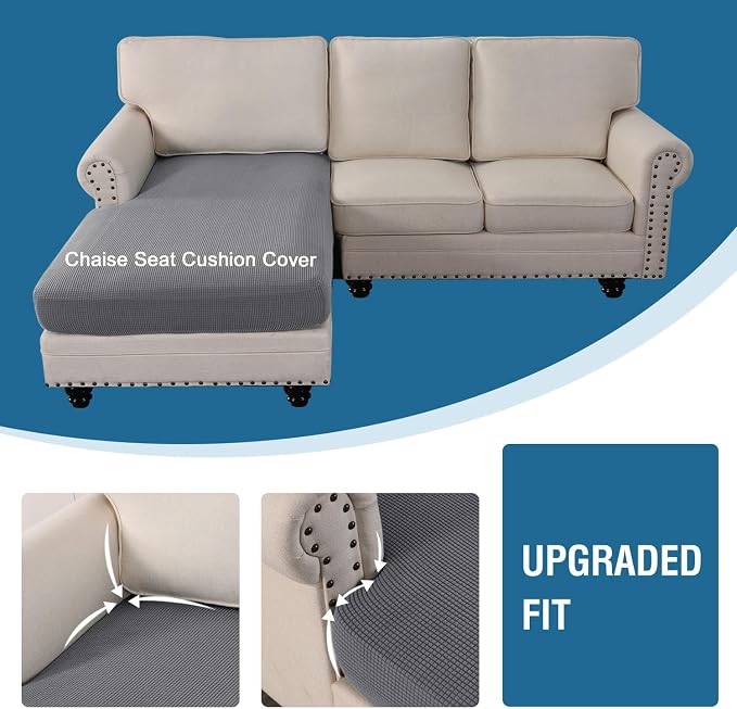 H.VERSAILTEX Sectional Couch Covers 1 Piece Chaise Slipcover L Shape Separate Cushion Couch Cover for Both Left/Right Sectional Couch (Seat Only: 1 Chaises, Grey)