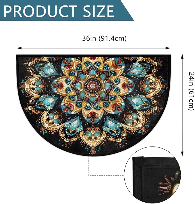 Mandala Boho Half Round Rug Half Moon Door Mat Half Circle Rugs | Ethnic Washable Non-Slip Semi Circle Rug Welcome Half Round Door Mat Indoor Entrance Kitchen Bedroom Living Room Decor