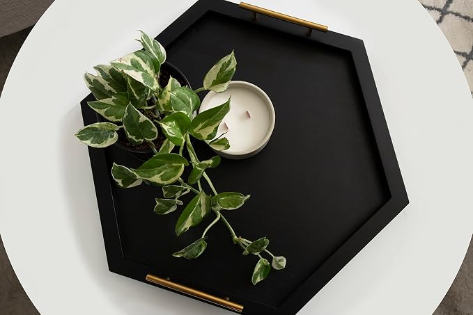 Kate and Laurel Halsey Hexagon Decorative Wooden Tray with Polished Metal Handles; 22 x 19; Black and Gold; Modern Glam Wood Hexagon Serving Tray for Display or Decoration
