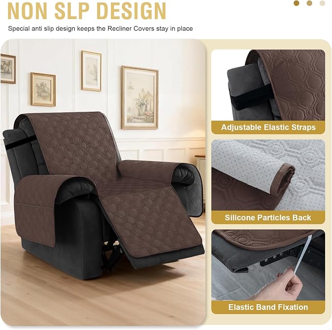 H.VERSAILTEX 100% Waterproof Recliner Chair Covers, Recliner Covers Non-Slip Stay in Place, Thick Cover for Recliner Chair with Pocket, Dog Couch Cover Protector Washable(Brown, 25")