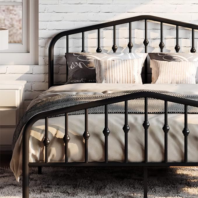 SHA CERLIN Full Size Metal Bed Frame with Wrought Iron-Art Headboard, Black | Victorian Style Metal Platform Bed Frame, Wrought Iron-Art Headboard and Footboard, Under-Bed Storage, No Box Spring Needed