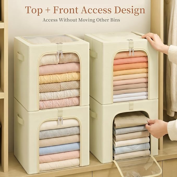 GoMaihe Blanket Storage Bins with Metal Frame for Closet, 55L 6-Pack Beige | Winter Coat Clothing Comforters Bedding, Closet Top Shelf Organizer, Collapse-Proof Stackable, Clear Window Dual Access