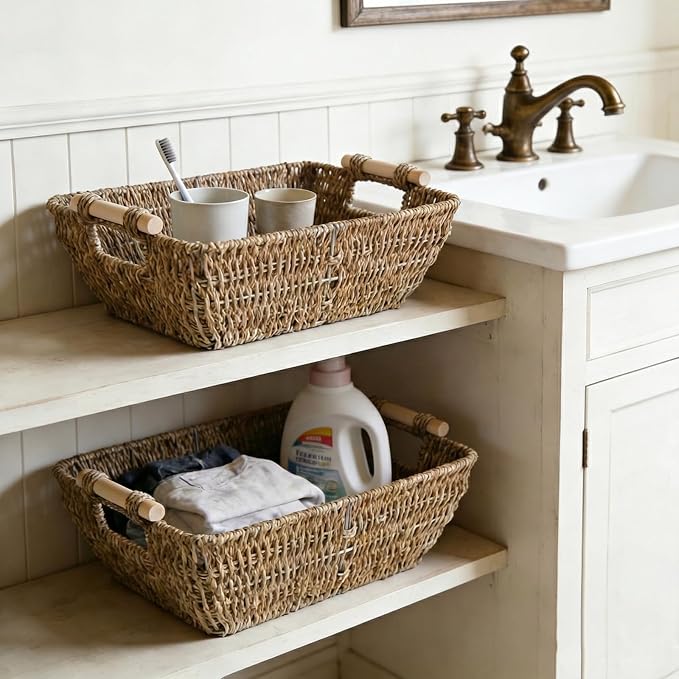 Wicker Baskets with Wooden Handles, Large Seagrass Storage Baskets