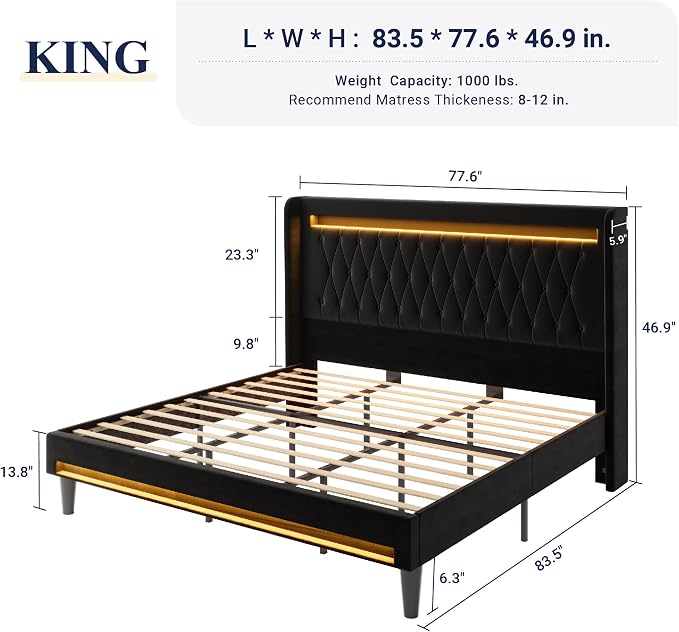 Allewie King Size Upholstered Bed Frame with LED & Charging Station, Black | Customizable LED lights, charging station, tufted wingback headboard, noise-reducing support, and no box spring needed.