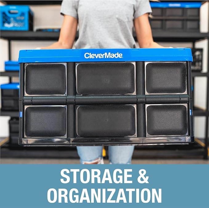 CleverMade Collapsible Storage Bins, 46L, 3 Pack, Stone | Each bin supports 75 lb for groceries, tools, or gear. Interlocking bases stack securely, and the bins fold to 2.75 inches.