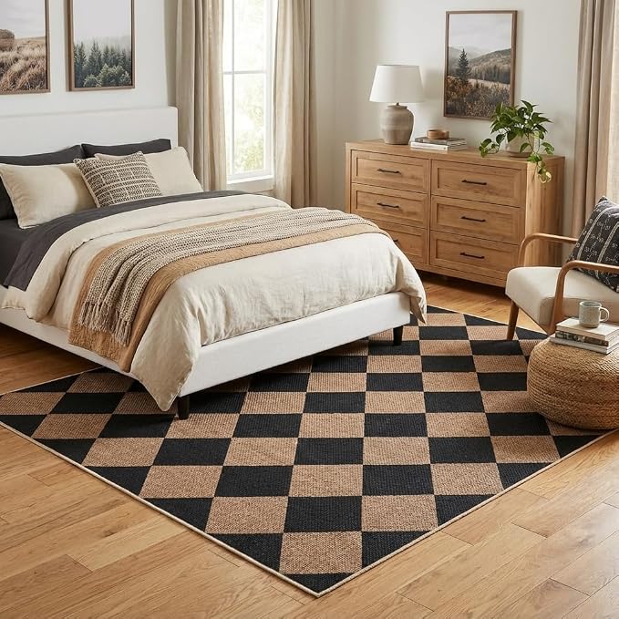 COZYLOOM Washable Rugs for Bedroom 8x10 Modern Easy Jute Rug with Non Slip Backing, Geometric Diamond Pattern Stain Resistant Accent Carpet Foldable Indoor Outdoor Rug for Dining Room, Patio, Brown