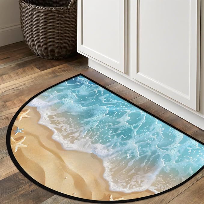 Beach Waves Starfish Half Round Door Mat Non-Slip Semi Circle Rug Washable Half Moon Floor Rug Absorbent Bathroom Area Rugs for Outdoor Indoor Fireplace Mat Entryway Kitchen Decor Rugs