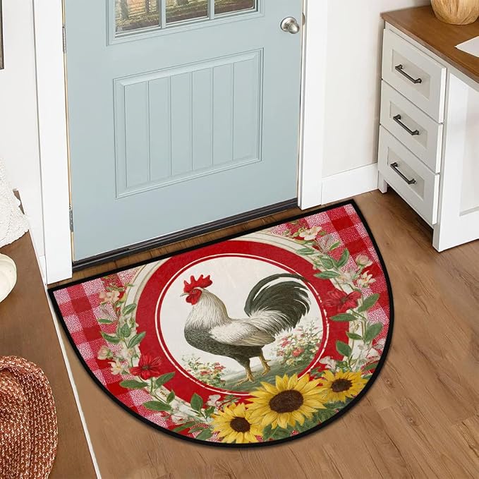 Half Round Door Mat Red Checkered Rooster Half Moon Doormat Absorbent Bedroom Kitchen Floor Mat Non Slip Decoration Semi Circle Entrance Welcome Rug for Indoor Outdoor Patio Fireplace Decor 24"x36"
