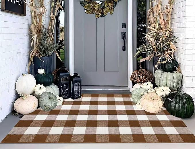 Fall Outdoor Rug 3'x5',Halloween Front Porch Rug Cotton Woven Washable Farmhouse Checkered Area Rug,Layering Rug for Hello/Welcome Door Mat Front Porch Decor