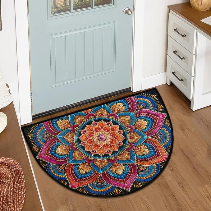 Flower Half Round Door Mat Semi Moon Rug Fireplace Carpet Area Rugs | Boho Geometric Non Slip Absorbent Half Circle Mat Carpet for Indoor Outdoor Patio Kitchen Bathroom Entryway Home Decor