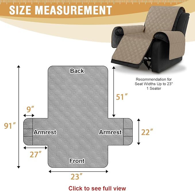 H.VERSAILTEX 100% Waterproof Recliner Chair Covers, Recliner Covers Non-Slip Stay in Place, Thick Cover for Recliner Chair with Pocket, Dog Couch Cover Protector Washable(Taupe, 23")