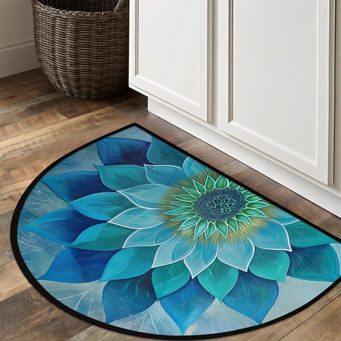 Teal Mandala Flower Half Round Door Mat Non-Slip Semi Circle Rug Washable Half Moon Floor Rug Absorbent Bathroom Area Rugs for Outdoor Indoor Fireplace Mat Entryway Kitchen Decor Rugs