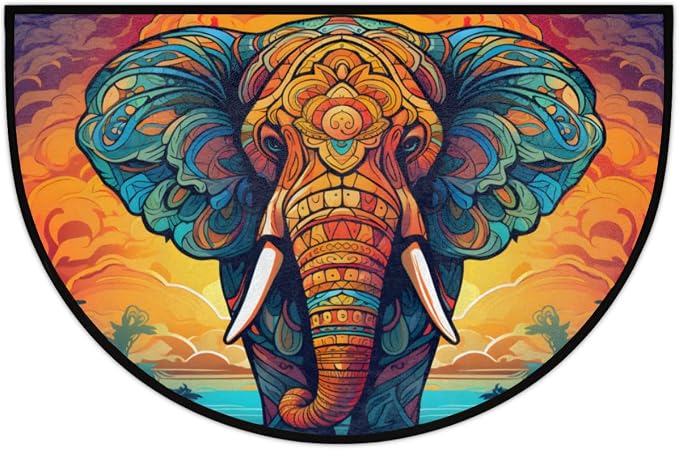 Elephant Drawn Half Round Door Mat, Non-Slip Entrance Welcome Mat for Indoor Semi Circle Bathroom Floor Rugs Outdoor Mats House Entry Way Heavy Duty Doormat for Kitchen Living Room 36x24 Inch