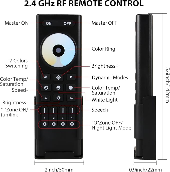 RC02RFB RF Remoter, 4-Zone 2.4G Handheld RF Remote Control Compatible with CCT LED Controller, 99ft Wireless Control 4 Channel Group Control for Home CCT LED Strip Lights