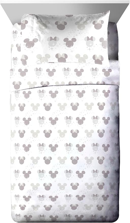 Disney Mickey and Minnie Mouse Twin Comforter Set 5 Piece Bedding, Grey | Bed in a Bag, Comforter Sheets Sham Pillowcase, Official Product, Soft Microfiber, Machine Washable, Easy Care, Kids Gift