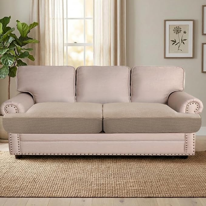 H.VERSAILTEX Stretch 2 Piece T Cushion Sofa Slipcovers Individually Sofa Cushion Covers for 2 Cushion Couch Sofa Seat Cushion Covers with Elastic Bands Featuring Thicker Jacquard Fabric, Sand