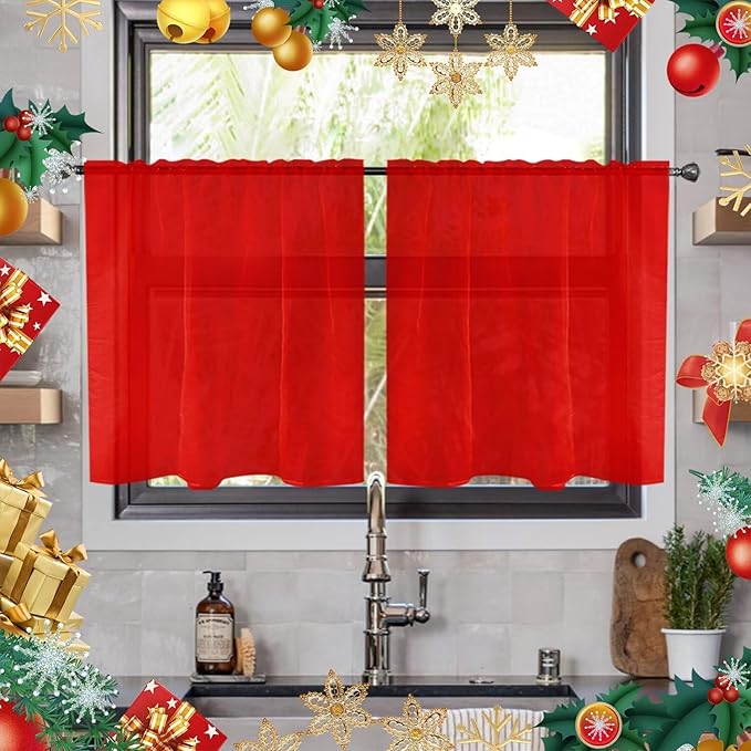 youleyar Solid Sheer Rod Pocket Curtain Voile Draperies 2 Panels White Beige Black Ivory Grey 26 Inch Width 40 Inch Long 1 Pair for Kitchen Bedroom Children Living Room Yard(Red,26W x 40L)