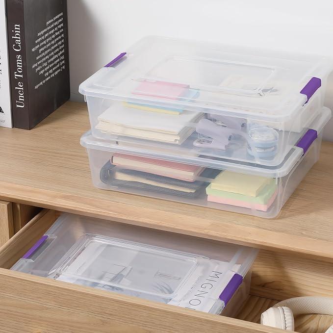 novelinks 10 Quart Clear Plastic Storage Containers with Lids (4 Pack) | Storage Bins with Lids, Stackable Small Clear Bins, Craft Storage Box, Paper Storage, Under Bed Storage Bins, Pencil Box