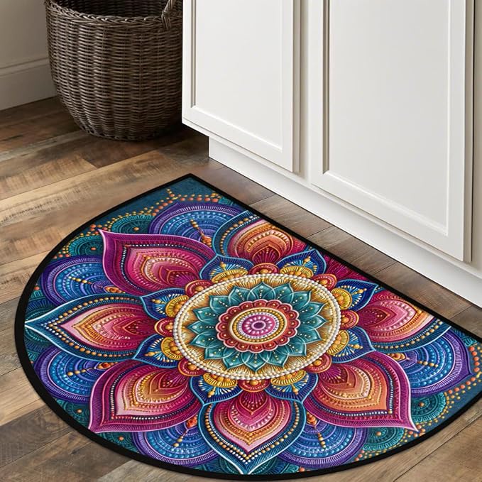 Bohemia Half Round Door Mat Semi Moon Rug Fireplace Carpet Area Rugs | Floral Neon Non Slip Absorbent Half Circle Mat Carpet for Indoor Outdoor Patio Kitchen Bathroom Entryway Home Decor