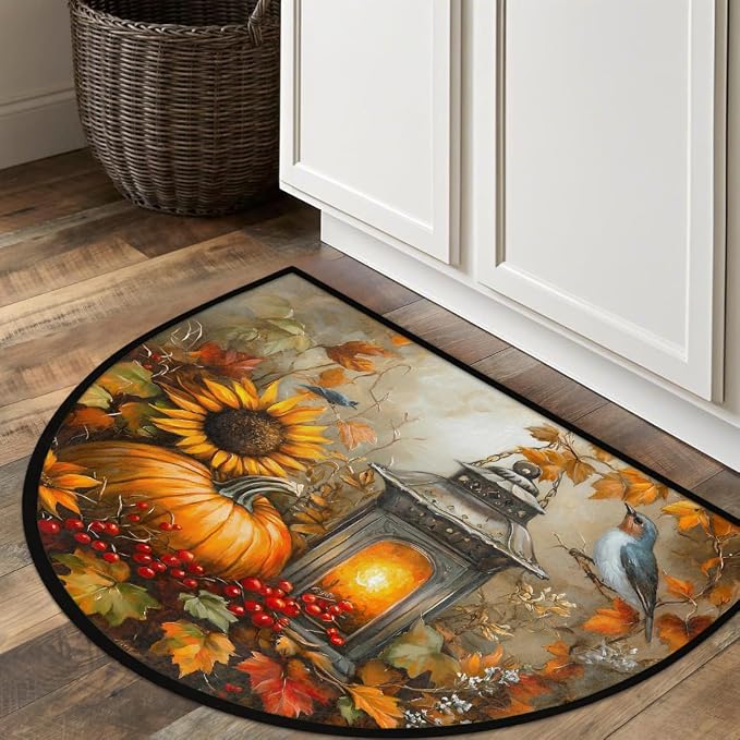 Animal Pumpkin Half Round Door Mat Non Slip Half Circle Rugs | Autumn Art Washable Half Moon Rug Semi Circle Rugs Indoor Entrance Floor Carpet for Kithen Bedroom Fireplace Decor
