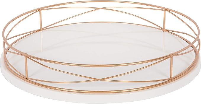 Kate and Laurel Mendel 14 Inch Round Tray with Decorative Metal Rim, White and Rose Gold