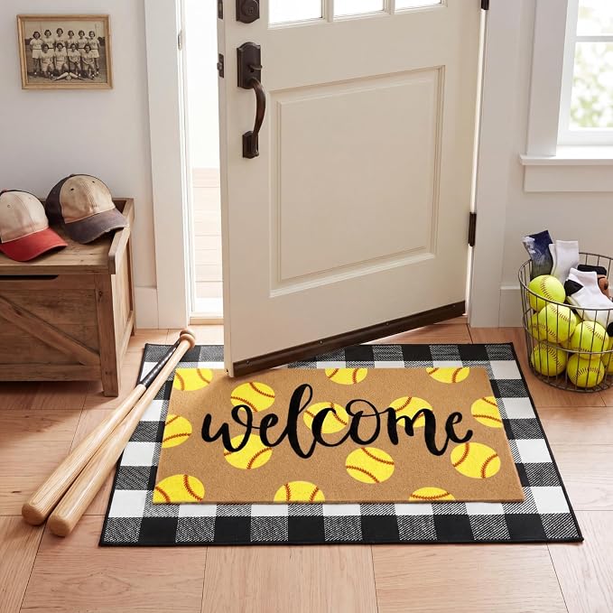 Tinideya 2 Pcs Softball Door Mat Welcome Non Slip Coir Mats Floor Layering Black and White Buffalo Plaid Doormats Seasonal for Front Porch Entryway Decor (23.6 x 35.4 Inches,Softball,Black, Brown)