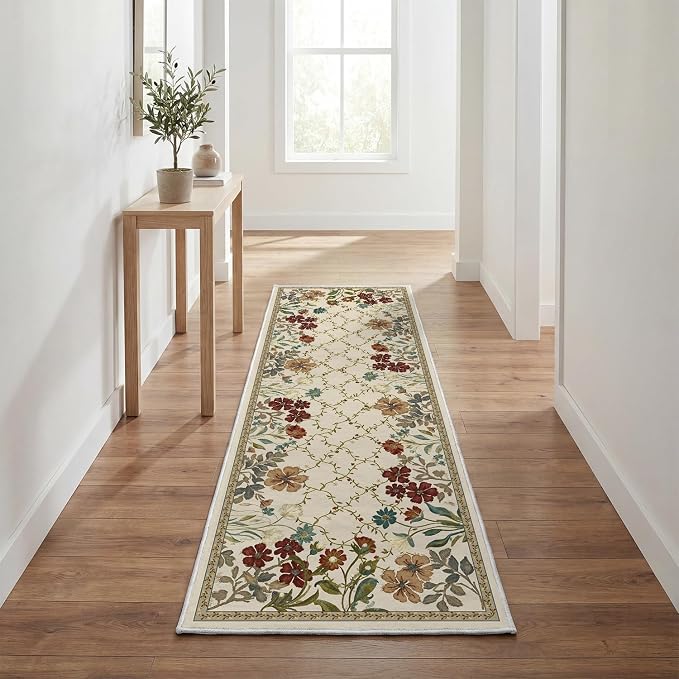 Artoid Mode Rustic Check Flower Spring Runner Rug, Summer Home Decor Low-Profile Non-Slip Washable Carpet Runner for Hallways Kitchen Laundry Bedroom Bathroom 2x6 Feet