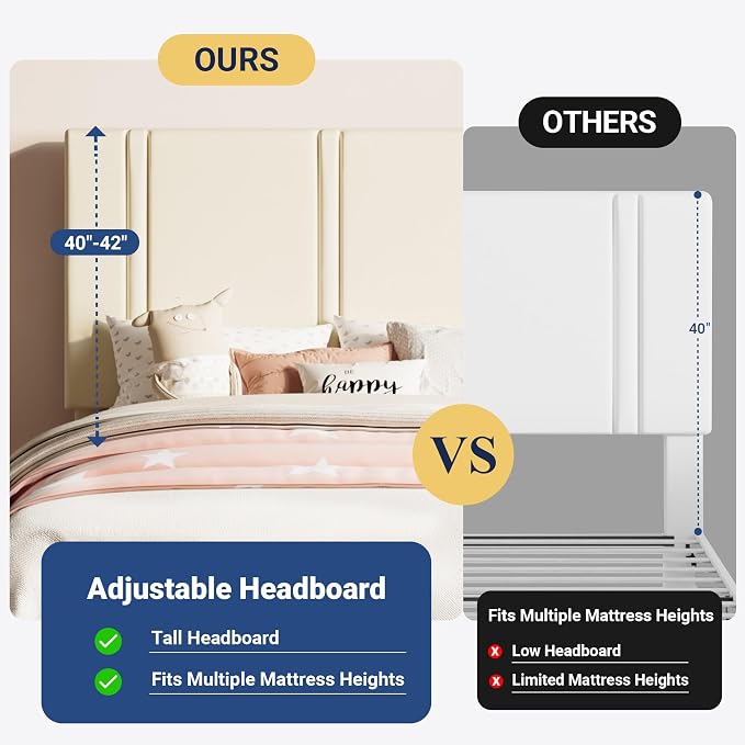 Allewie Twin Size Platform Bed Frame with Adjustable Headboard | Plush Velvet Upholstered, Vertical Channel Tufted, Sturdy Wood Slats, No Box Spring Needed, Easy Assembly, Cream