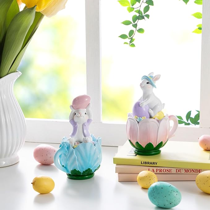Glitzhome Easter Decorations Bunny Figurine, Set of 2 Resin Rabbit Tabletop Centerpiece Sitting on Tulip Mug with Colorful Egg for Spring Home Indoor & Outdoor Decor