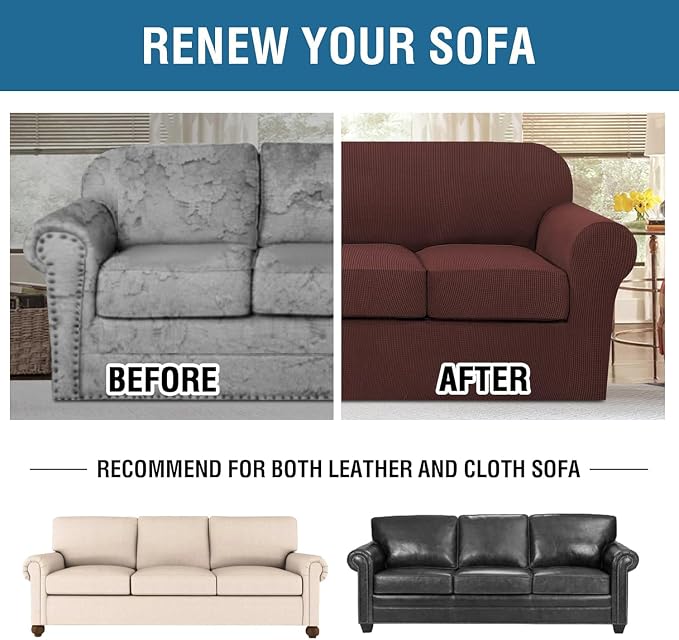H.VERSAILTEX 4 Piece Stretch Sofa Covers for 3 Cushion Couch Covers Furniture Slipcovers for Living Room (1 Base Cover Plus 3 Seat Cushion Covers) Thicker Jacquard Fabric Cover (XL Sofa, Burnt Brick)