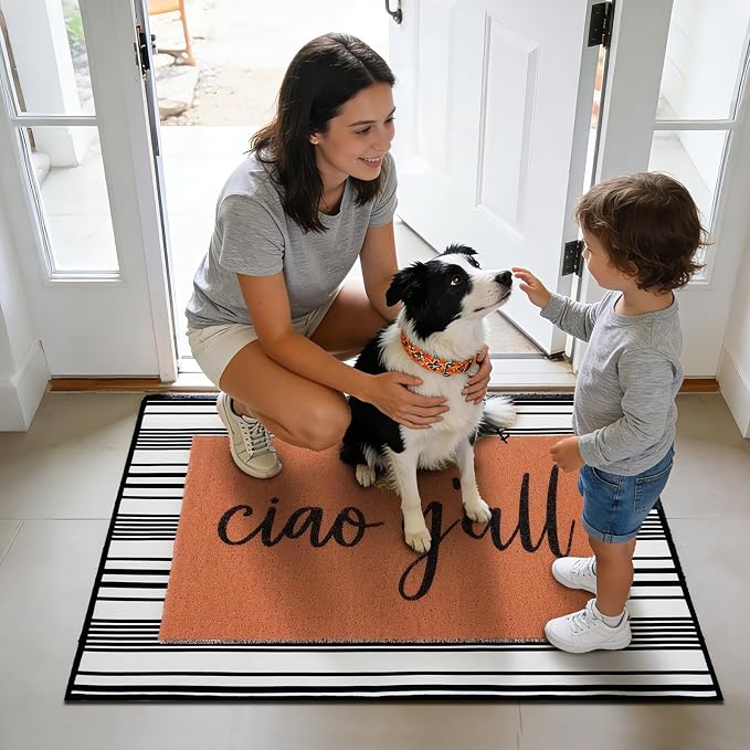 Ciao Y'all Doormat, 2pcs Layered Front Door Mats with Coir Texture Welcome Doormat and Black White Striped Under Non Slip Mat, Farmhouse Porch Decor for Home Entry, Entryway Home Outdoor Decor