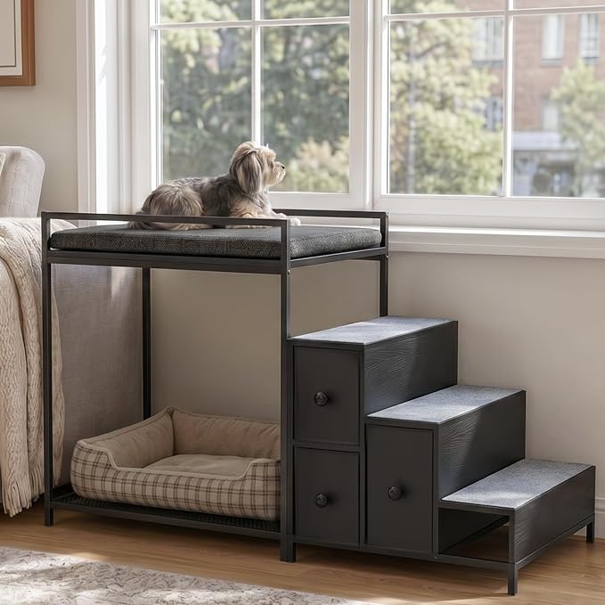 LEMBERI Pet Bunk Bed with Stairs and Storage, Dogs/Cats Window Perch, Bedside Lounge Elevated Dog Bed Multi-Level Platform with Foam Upholstery (Black)