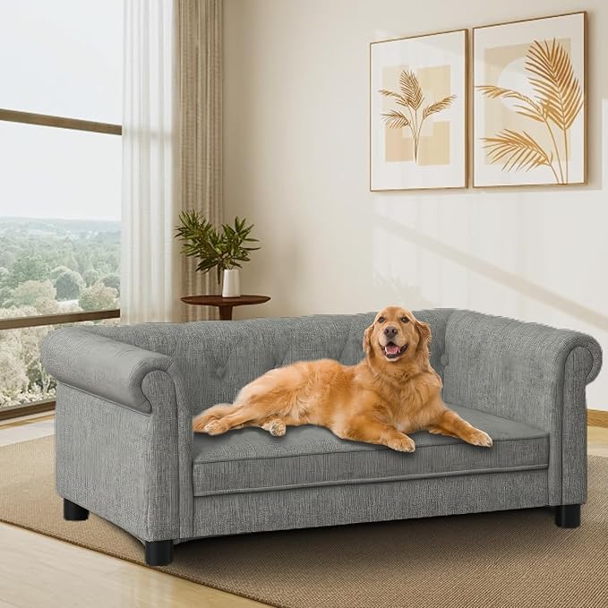 Dog Sofa for Small & Medium Dogs | Removable & Washable | No Assembly Required | Breathable Linen Fabric | Soft Foam |Floor-friendly sofa legs |Light grey