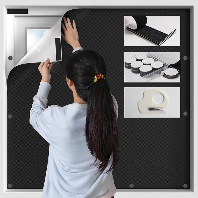 BKSAI 100% Blackout Window Cover, Portable Magnetic Black Out Curtains for Window, Black Out Shades No Drill Cuttable Blackout Blinds for Bedroom, RV, Nursery, Media Room, 118x57 inch