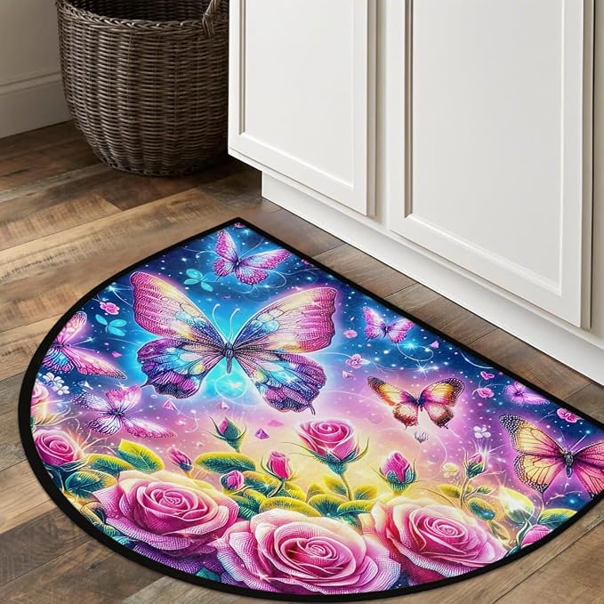 Rose Half Round Door Mat Semi Circle Rug Half Moon Doormat | Soft Washable Colorful Butterfly Welcome Entrance Mat for Outdoor Indoor Floor Bedroom Bathroom Home Kitchen Festival Decor