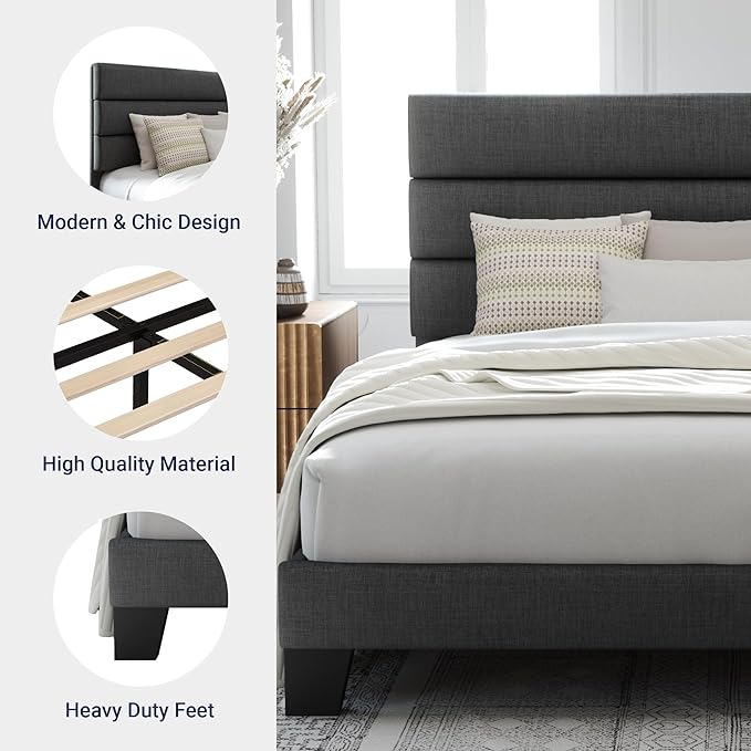 Allewie Full Size Platform Bed Frame with Fabric Upholstered Headboard Gray | Wooden Slats Support, Fully Upholstered Mattress Foundation, No Box Spring Needed, Easy Assembly, Noise-Free, Dark Grey