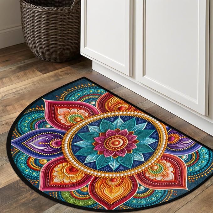 Flower Half Round Door Mat Semi Circle Rug Half Moon Doormat | Soft Washable Colorful Geometric Welcome Entrance Mat for Outdoor Indoor Floor Bedroom Bathroom Home Kitchen Festival Decor