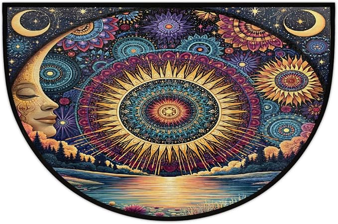 Moon Half Round Door Mat Semi Circle Rug Half Moon Doormat | Soft Washable Mandala Lake Welcome Entrance Mat for Outdoor Indoor Floor Bedroom Bathroom Home Kitchen Festival Decor