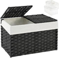 SETVSON Storage Basket with Lid PE Rattan Woven Storage Bins, 65L Black | 65L Storage Bin with 2 Separate Lids, 2 Removable Liner Bags with Divider, Sturdy Metal Frame, Foldable Side Handles