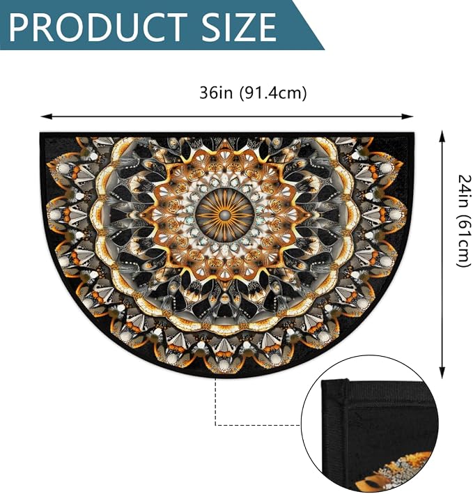 Boho Bohemia Gold Half Round Door Mat Non-Slip Semi Circle Rug Washable Half Moon Floor Rug Absorbent Bathroom Area Rugs for Outdoor Indoor Fireplace Mat Entryway Kitchen Decor Rugs